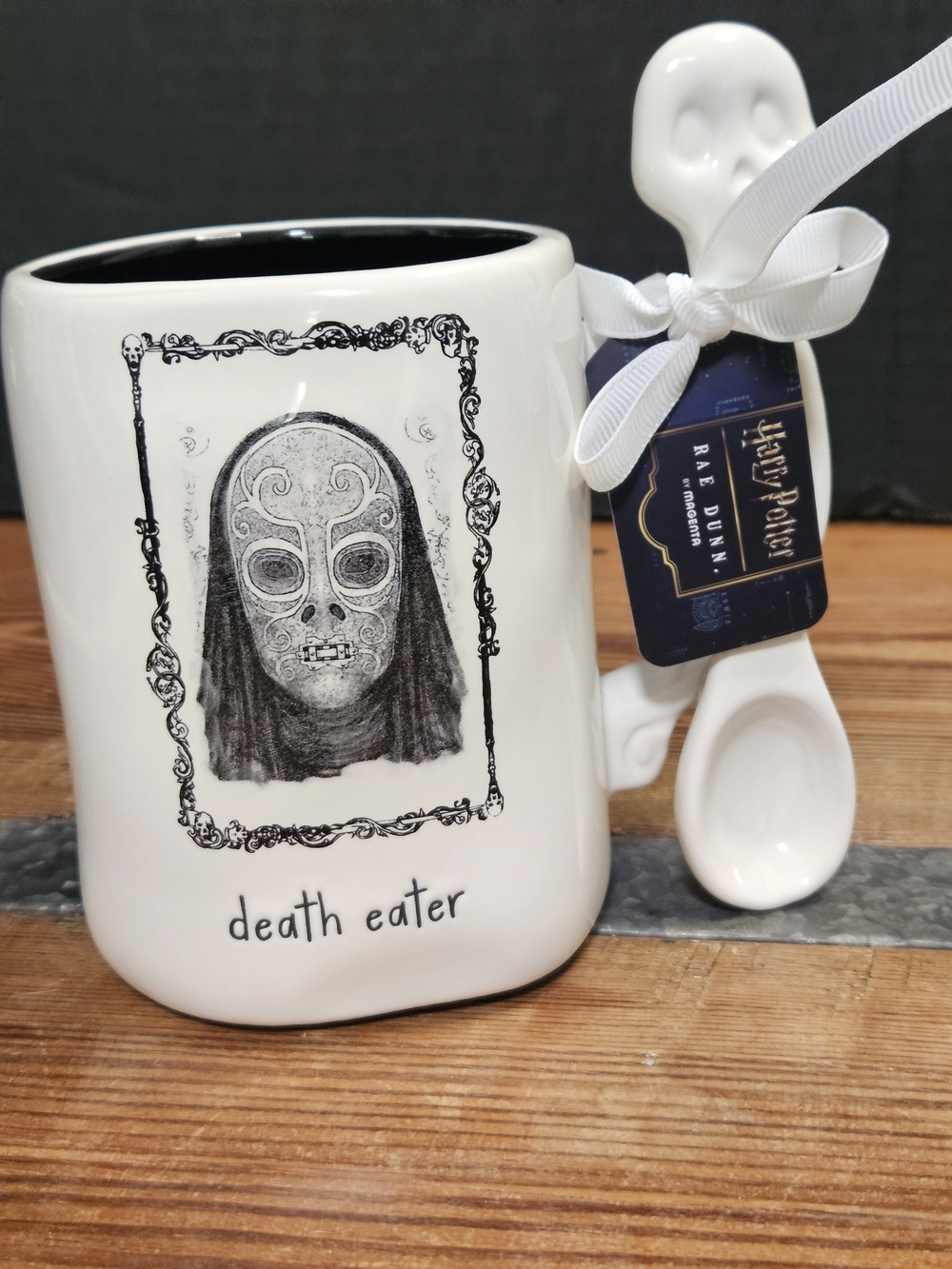 Rae Dunn White Ceramic 'Death Eater' Mug with Black Interior and Skull Spoon
